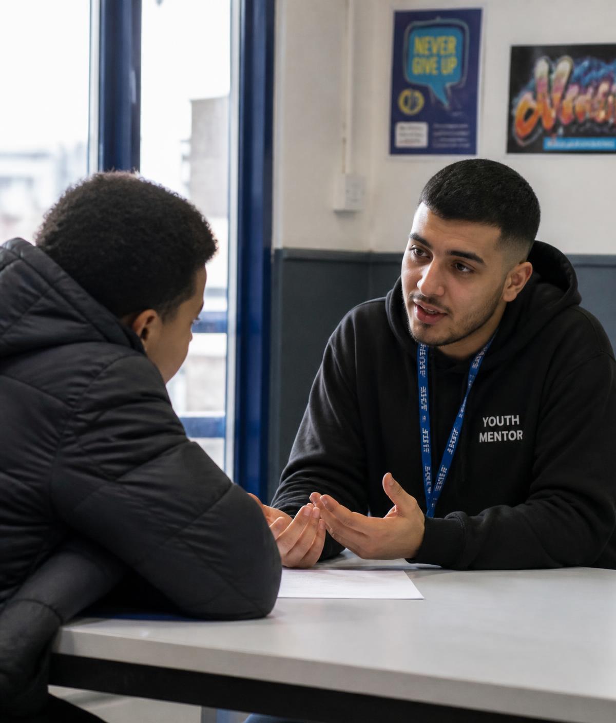 A youth mentor talking one to one with a young person